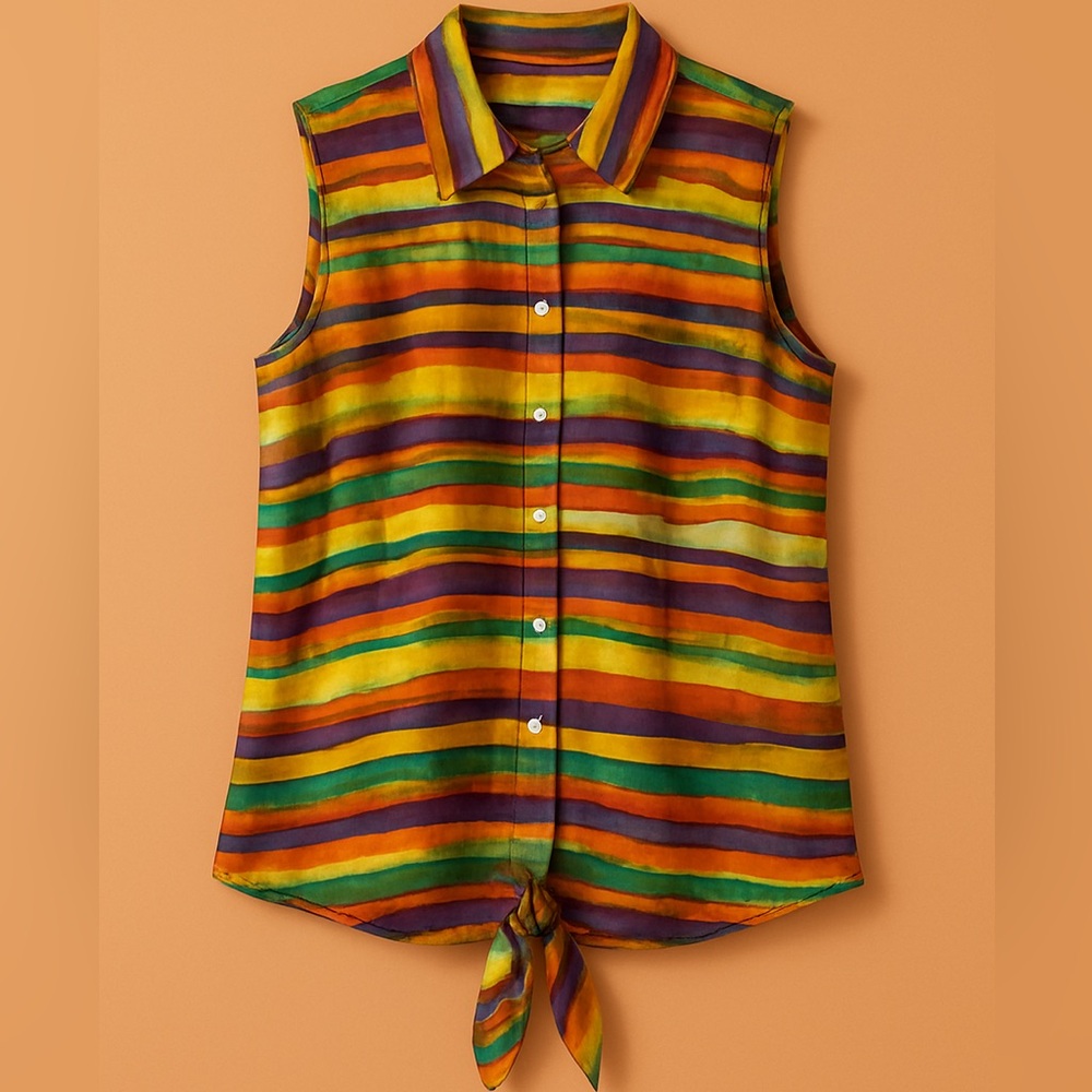 Colorful Striped Tie-Front Blouse Top | Miami Resort Vacation Vibes | Large
